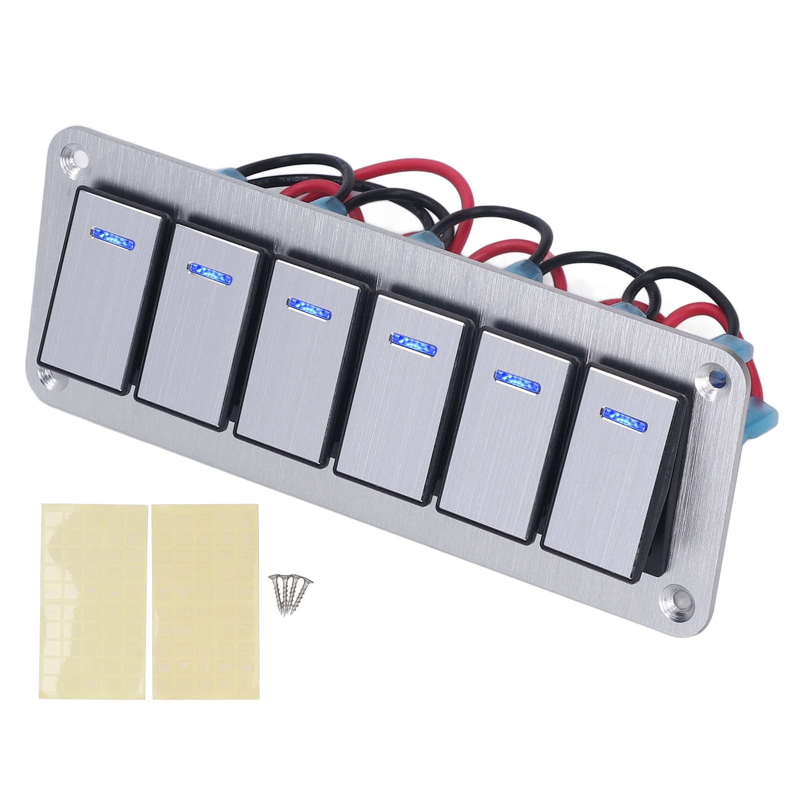 6 Gang Rocker Switch Panel, 12V-24V Wasserdicht 5 Pin On Off Autoschalter Blaue LED On Off Vorverdrahteter Schalter für viele Autos, Wohnmobile, Motorräder von Tissting