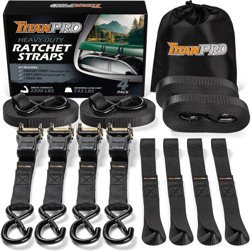 TitanPro Spanngurte mit Ratsche, 4 Stück, 1 kg Teststärke, Premium 2,5 cm x 4,5 m Spanngurte mit gepolsterten Griffen, robustes LKW-Zubehör, bewegliche Gurte (schwarz) von TitanPro