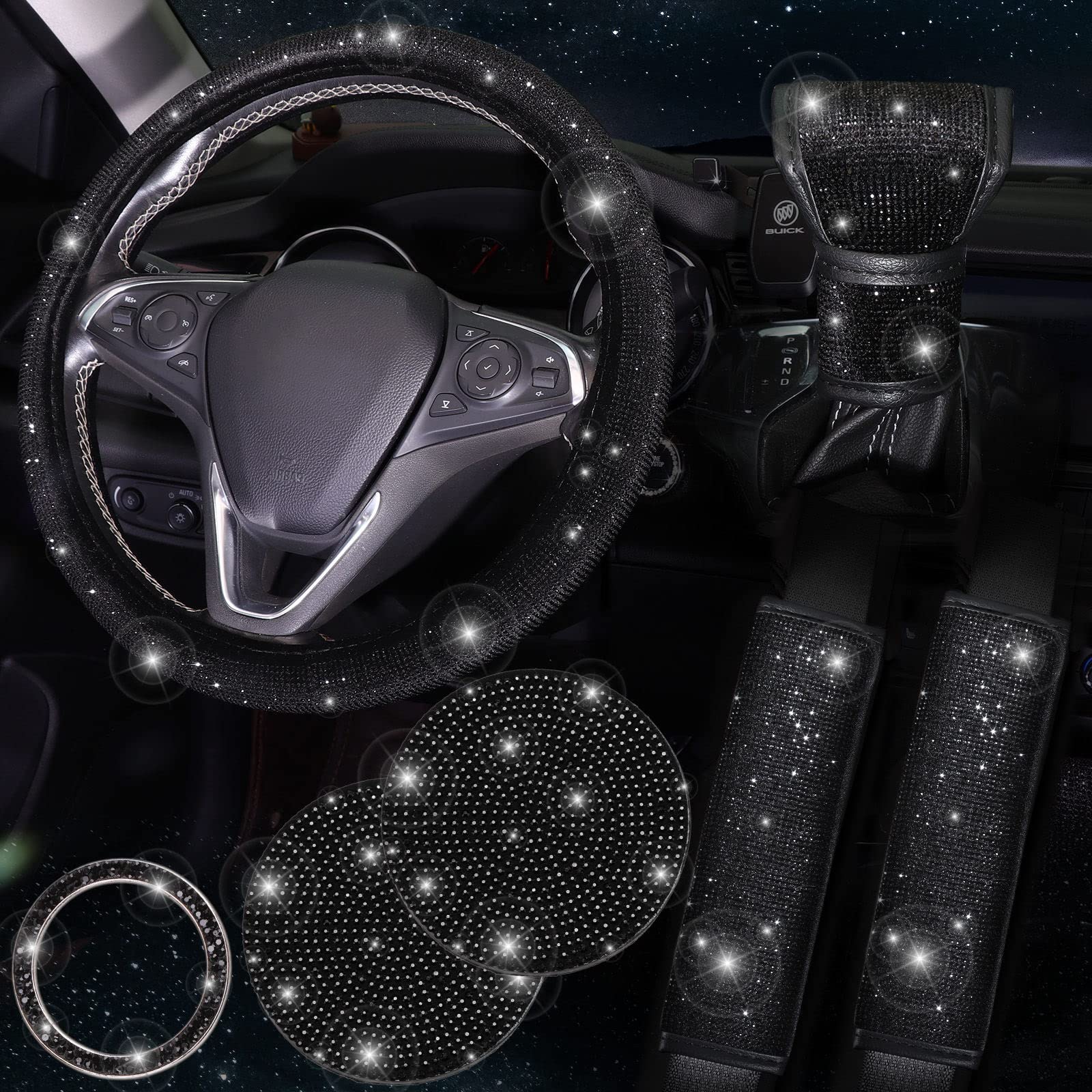ToBeQueen Bling Black Steering Wheel Cover Set Bling Car Accessories Set, Bling Steering Wheel Cover Fit 15Inch, Sparkling Shoulder Pad, Gear Shift Cover and Cup Holder, 7 Pack, Black ToBeQueen Bling Black Steering Wheel Cover Set Bling Car Accessories Set, Bling Steering Wheel Cover Fit 15Inch, Sparkling Shoulder Pad, Gear Shift Cover and Cup Holder, 7 Pack, Black von ToBeQueen
