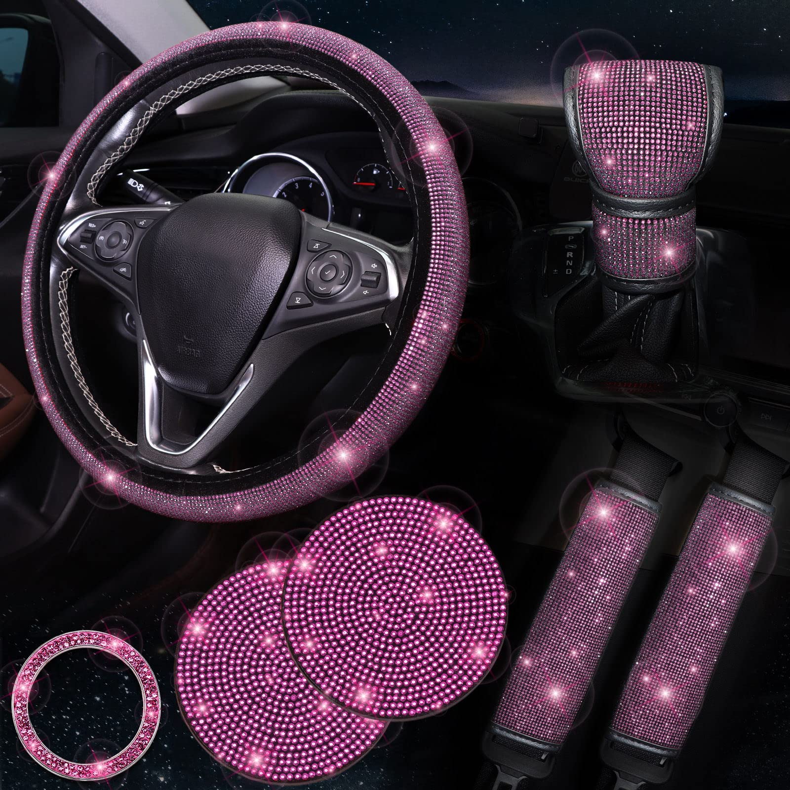 ToBeQueen Bling Pink Lenkradbezug-Set Bling Autozubehör-Set, Lenkradbezug passend für 38,1 cm, funkelndes Schulterpolster, Strass-Schaltabdeckung und Getränkehalter, 7 Stück, Rosa von ToBeQueen