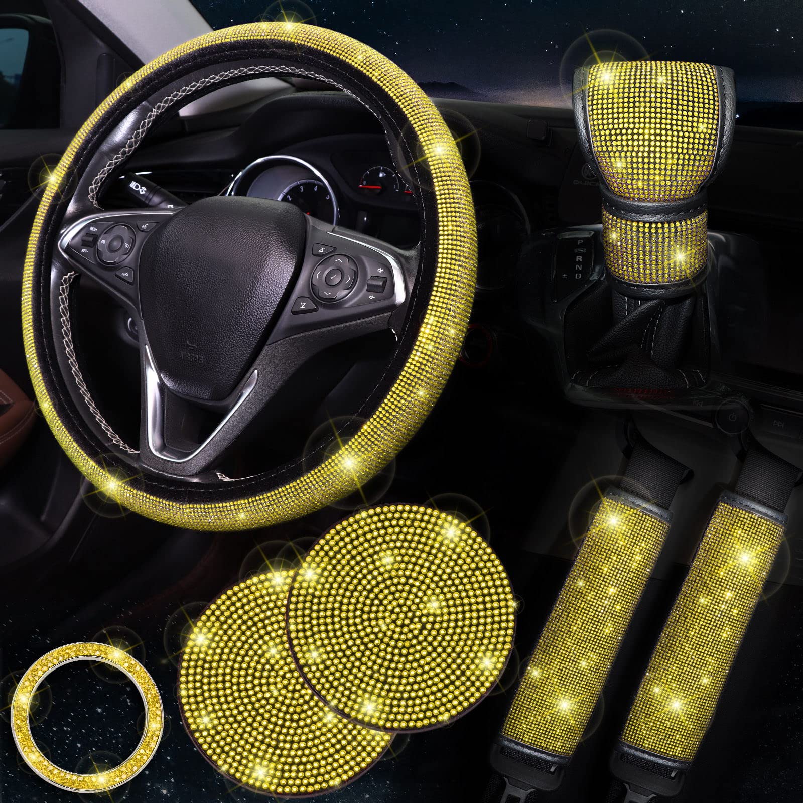 ToBeQueen Gelbes Lenkradbezug-Set, 38,1 cm, 7 Stück, Kristall-Strass-Diamant-Gelb-Bling-Autozubehör-Set, Sicherheitsgurt-Abdeckung, Bling Gear Shift Cover, Puch Start Ring, Auto Cup Coaster, Gelb von ToBeQueen