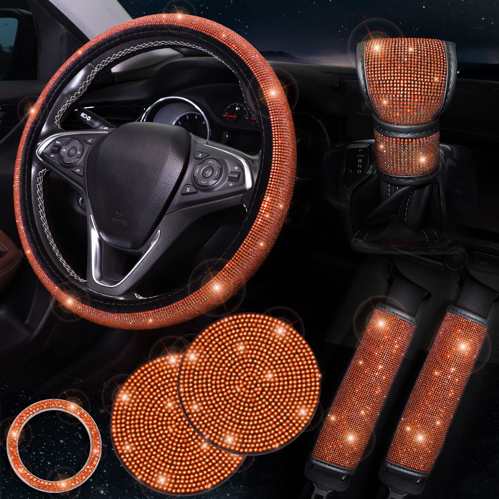 ToBeQueen Orange Steering Wheel Cover Set 15 inch,7 Pack Crystal Strass Diamond Orange Bling Car Accessories,Seat Belt Cushion,Bling Shift Knob Cover,Puch to Start Ring,Car Cup Coaster,Orange von ToBeQueen