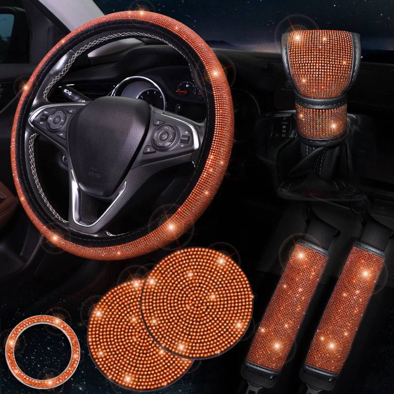 ToBeQueen Orange Steering Wheel Cover Set 15 inch,7 Pack Crystal Strass Diamond Orange Bling Car Accessories,Seat Belt Cushion,Bling Shift Knob Cover,Puch to Start Ring,Car Cup Coaster,Orange von ToBeQueen