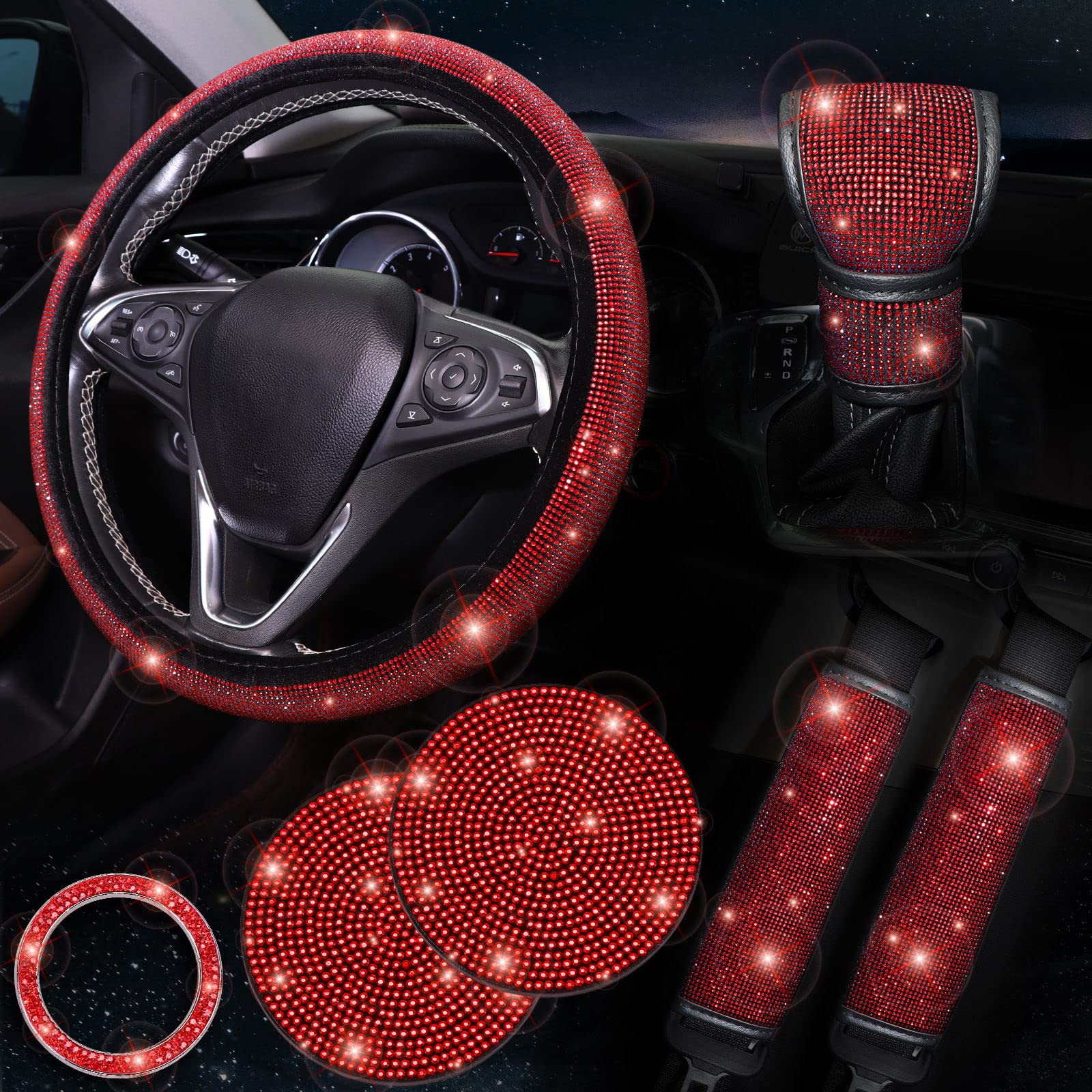ToBeQueen Rotes glitzerndes Autozubehör-Set, 7 Stück, Kristall-Rhonstein-Lenkradbezug-Set für Damen, 38,1 cm, Sicherheitsgurtbezug, glitzernder Schalthebelbezug, Druckknopf, Bling Ring, von ToBeQueen