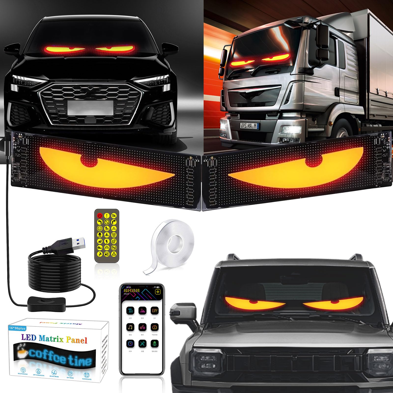 2er Devil Eyes Led Augen für LKW IP65 wasserfest Size 7 * 17.3CM, DIY Car Dynamic LED Colorful Eye Lamp Soft Screen, Led Laufschrift Leuchtreklame Leuchtschild für Auto,App,Bluetooth 2er Devil Eyes Led Augen für LKW IP65 wasserfest Size 7 * 17.3CM, DIY Car Dynamic LED Colorful Eye Lamp Soft Screen, Led Laufschrift Leuchtreklame Leuchtschild für Auto,App,Bluetooth von Tokenhigh