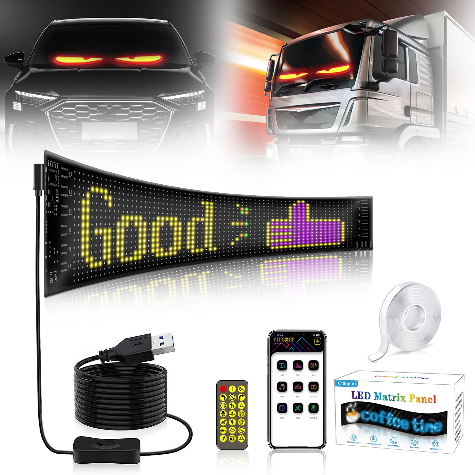Devil Eyes LED Augen für LKW, Auto, DIY Car Dynamic LED Colorful Eye Lamp Soft Screen mit APP und Fernbedienung, RGB Programmierbar Bluetooth Leuchtreklame IP65 wasserfest Plus Size(92 * 374mm) von Tokenhigh