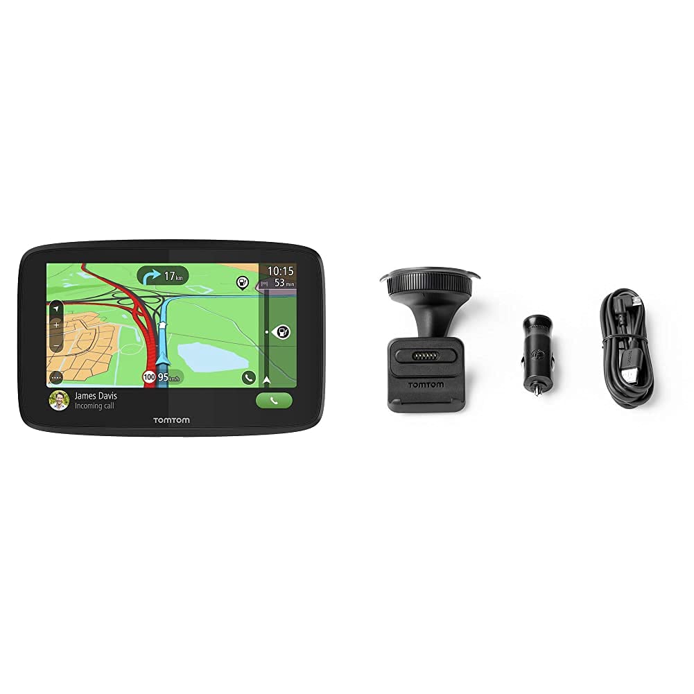 TomTom Navigationsgerät GO Essential (6 Zoll, Stauvermeidung Dank TomTom Traffic) & Click-und-Drive Halterung für die Windschutzscheibe inklusive USB-Autoladegerät und Kabel von TomTom