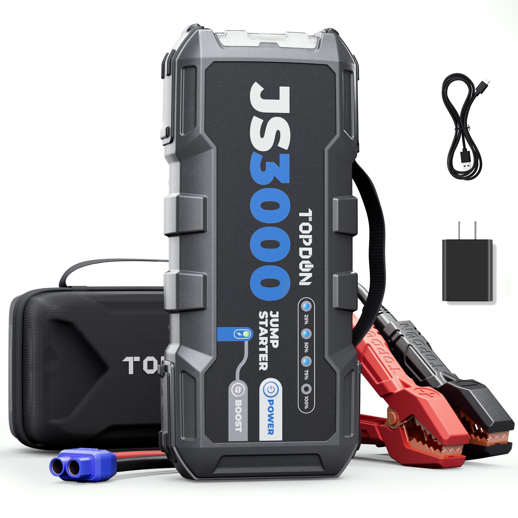 TOPDON Starthilfe Powerbank, JS3000 Starterbatterie 2000A Auto Booster Power Pack für bis zu 9L Benzin&7L Dieselmotoren, Kfz Jump Starter mit Starthilfekabel/Eva Tasche/Eingebaute LED, 24000mAh von TOPDON