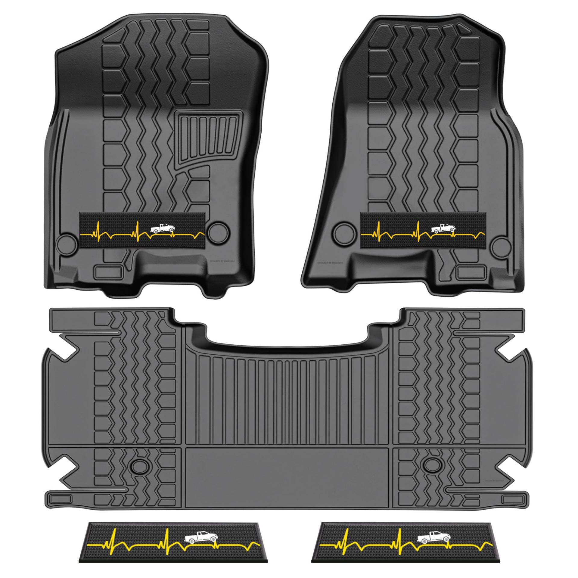 Torcia Allwetter-Fußmatten für Dodge Ram 1500 New Body Crew Cab 2019–2024, 1. und 2. Reihe, Auto-Bodeneinlagen mit sofort saugfähigem Pad und rutschfesten Spikes, Herzschlag (Gelb) von Torcia
