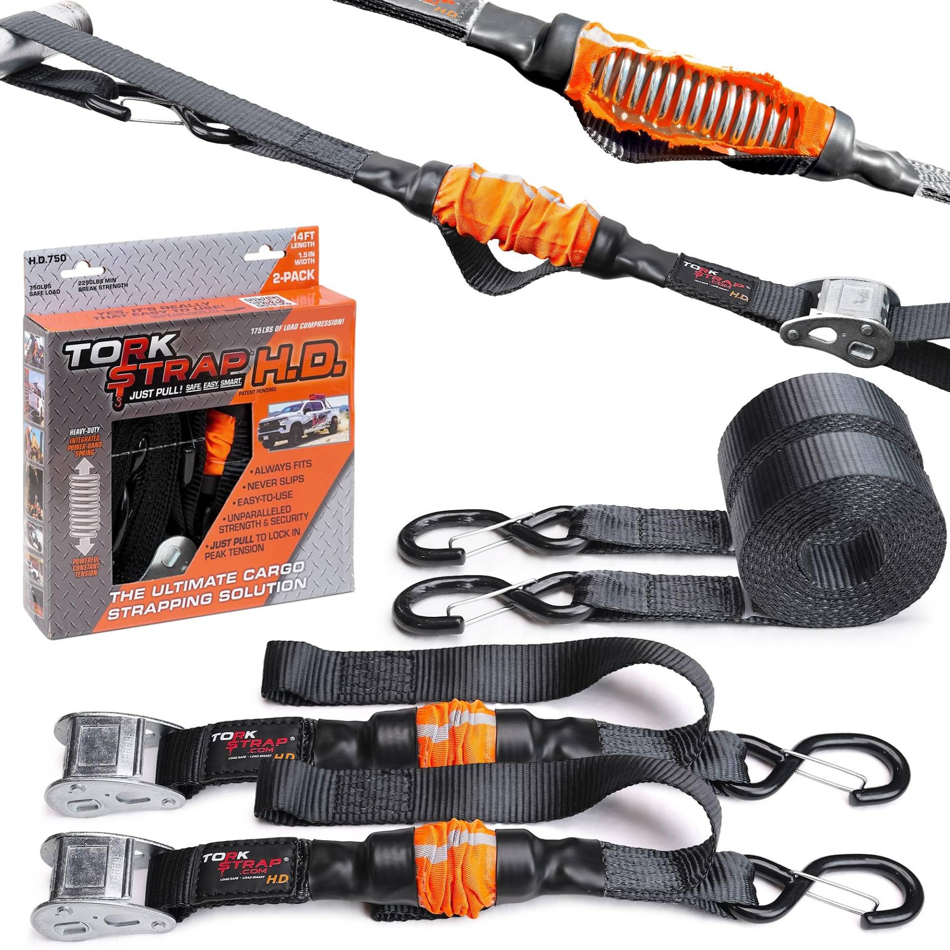 TorkStrap Selbstspannende Spanngurte (patentiert), automatische Anpassung an Lastverschiebungen, 1 kg Bruchfestigkeit, Zugalternative zu Ratschenriemen, integrierte weiche Schlaufe und Haken, 35,6 x von TorkStrap