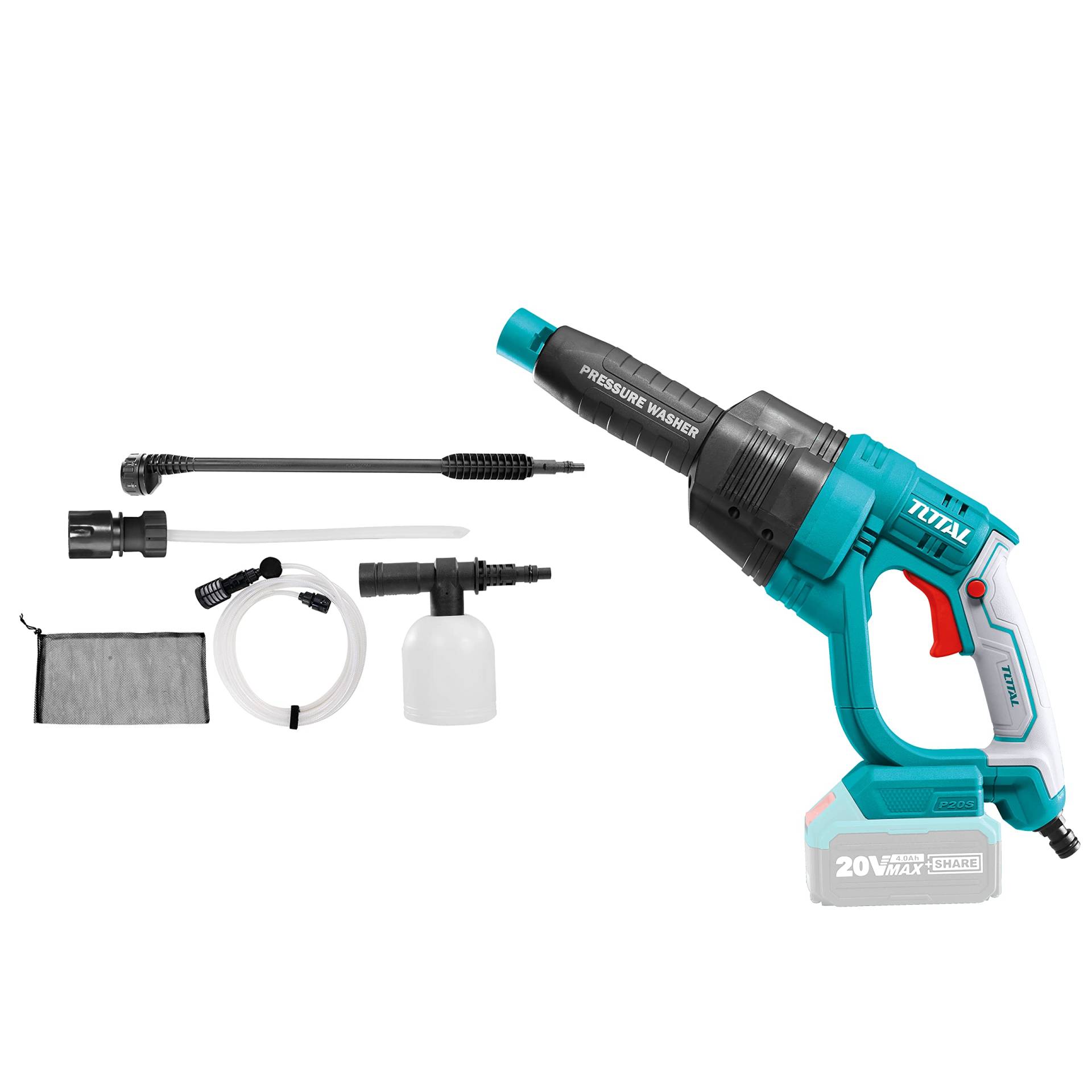 Total Tools - Hochdruckreiniger P20S 20 V Batterie | Hochdruckreinigung mit Wasser | Automatisches Stopp-Sicherheitssystem | inkl. 6 Zubehörteile von TOTAL