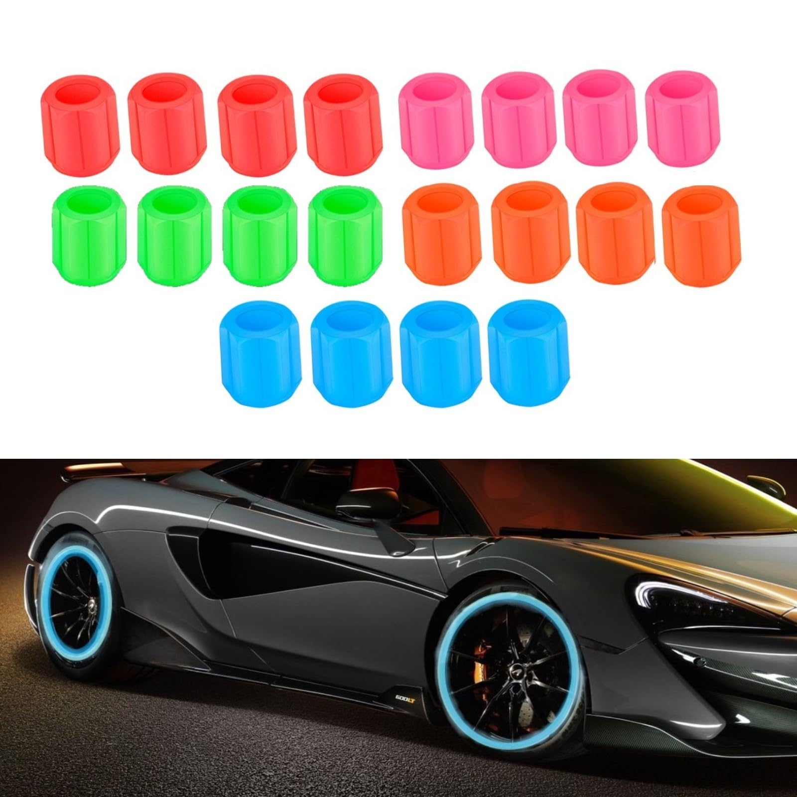 Valve Caps Car, Pack of 20 Universal Fluorescent Tyre Valve Caps, Valve Caps Tyre Valve Stem Caps for Bicycle Motorcycle Car,Glow in The Dark Tire Valve Caps Car Decoration (Multi-Colour) von Toulifly