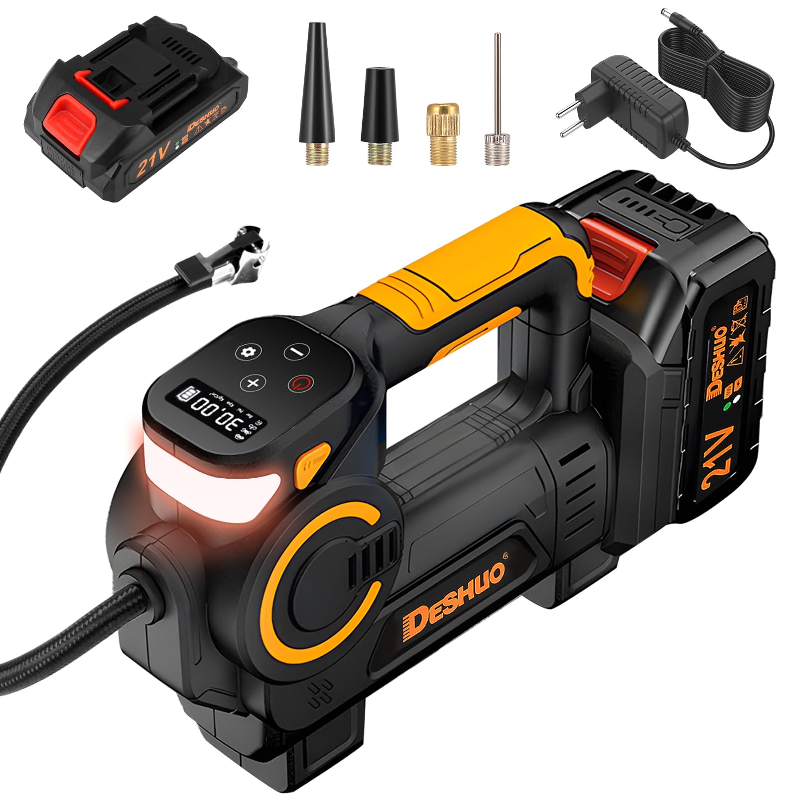 Towwoo Akku-Kompressor mit 21V 1500mAh Akku und Ladegerät, Tragbare LED-Licht Handheld Luftpumpe mit Digitalem Manometer, Kabellos Elektrische Luftkompressor für Auto Motorrad Fahrrad Sportbälle Towwoo Akku-Kompressor mit 21V 1500mAh Akku und Ladegerät, Tragbare LED-Licht Handheld Luftpumpe mit Digitalem Manometer, Kabellos Elektrische Luftkompressor für Auto Motorrad Fahrrad Sportbälle von Towwoo