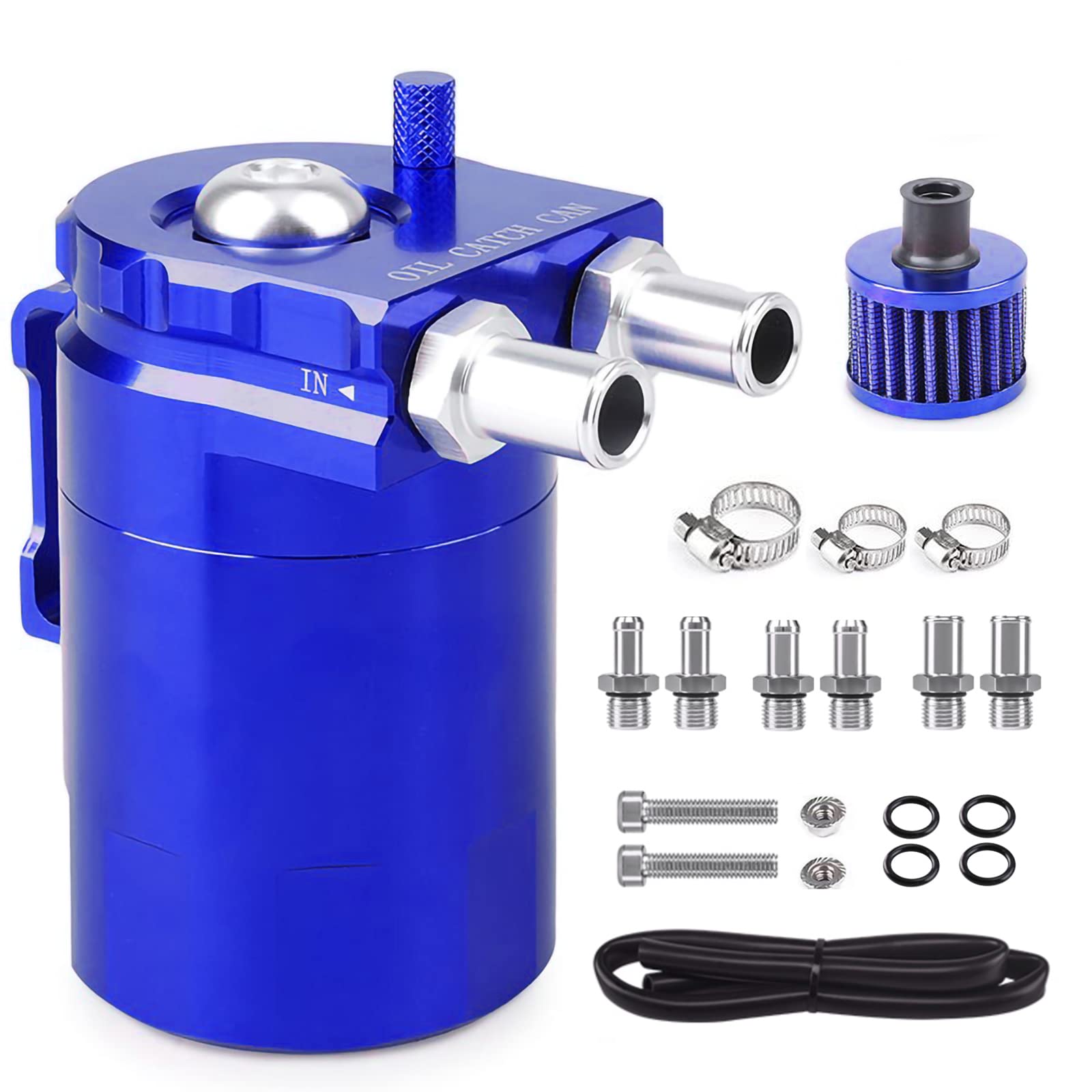 Towwoo Oil Catch Can, 300ml Aluminium Auto Reservoir Tank Universal Air Oil Seperator mit Luftfilter, Schlauch und sonstiges Zubehör (Blau) von Towwoo