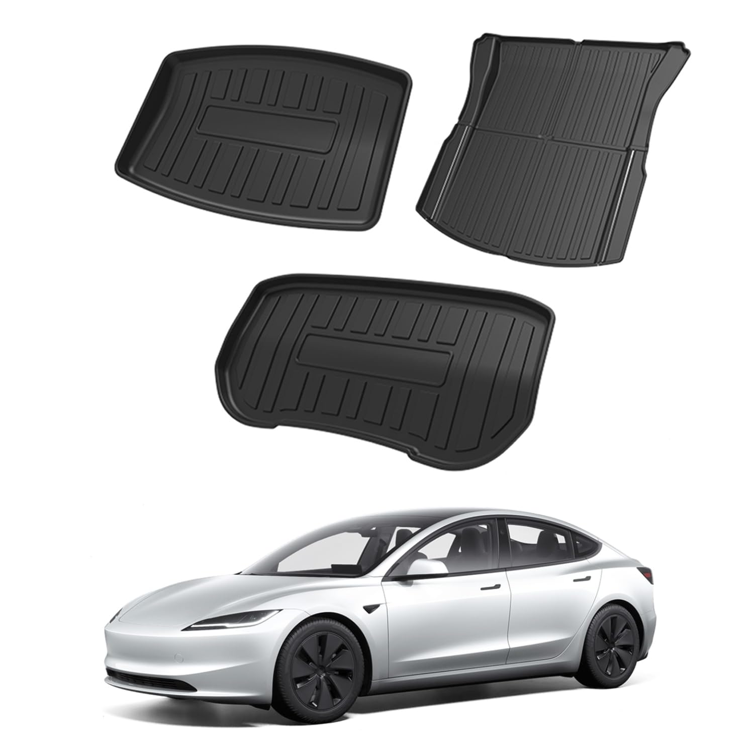 Treesiche Allwetter-Laderaummatten für Tesla Model 3 2024 2025 Highland TPE (Kofferraummatte vorn + Kofferraummatte hinten + Laderaummatte) von Treesiche