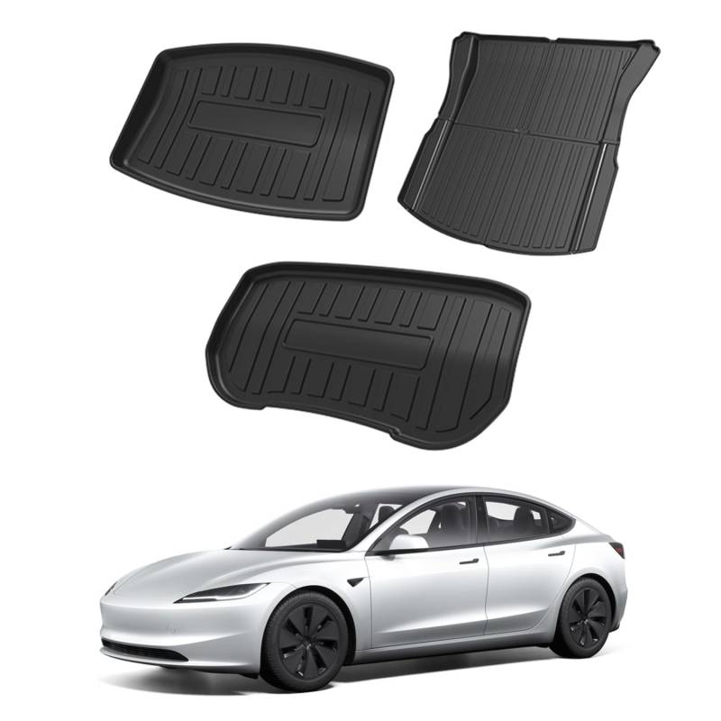 Treesiche Allwetter-Laderaummatten für Tesla Model 3 2024 2025 Highland TPE (Kofferraummatte vorn + Kofferraummatte hinten + Laderaummatte) von Treesiche