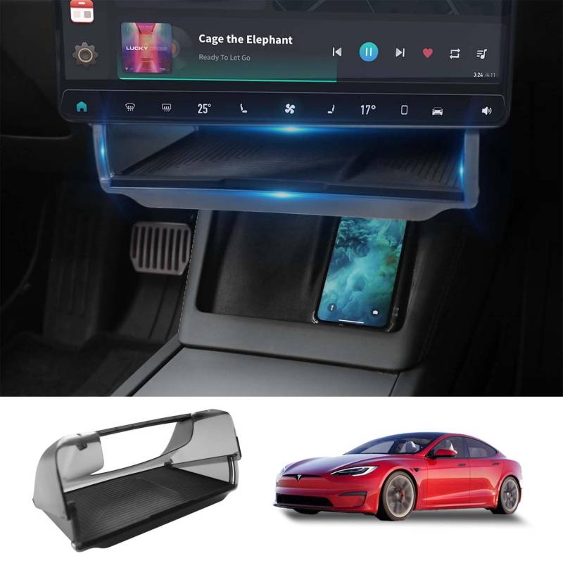Treesiche Aufbewahrungsbox Unter Dem Bildschirm Für Tesla Model 3 2024 2025 Highland Model Y 2025 Juniper, Mittelkonsolen Organizerablage,Tablet Halterung Aufbewahrung Entworfen Für Tesla Zubehör von Treesiche