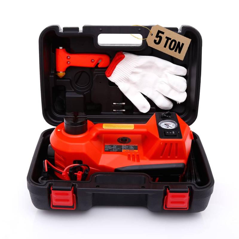 Trihelper Wagenheber Hydraulischer - 3 Tonnen Elektrischer Ständer DREI in Einem Kit für Limousine SUV Auto Lift Bodenheber Reifenwechsel und Straßennotfälle mit integrierter Reifenpumpe (Orange) von Trihelper