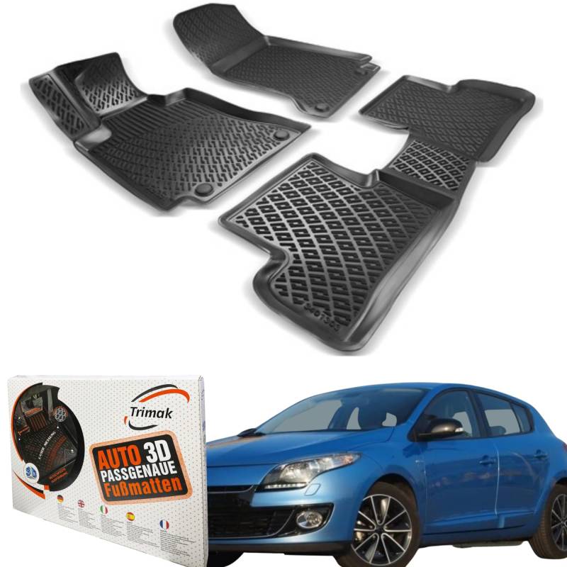 Trimak Passgenau 3D Fussmatten Auto Kompatibel mit Renault Megane III HB 2009-2016 Auto Zubehör 1. und 2. Reihe Gummimatten Autos TPE Allwetter Geruchlos rutschfest Vorne und Hinten Schwartz von Trimak