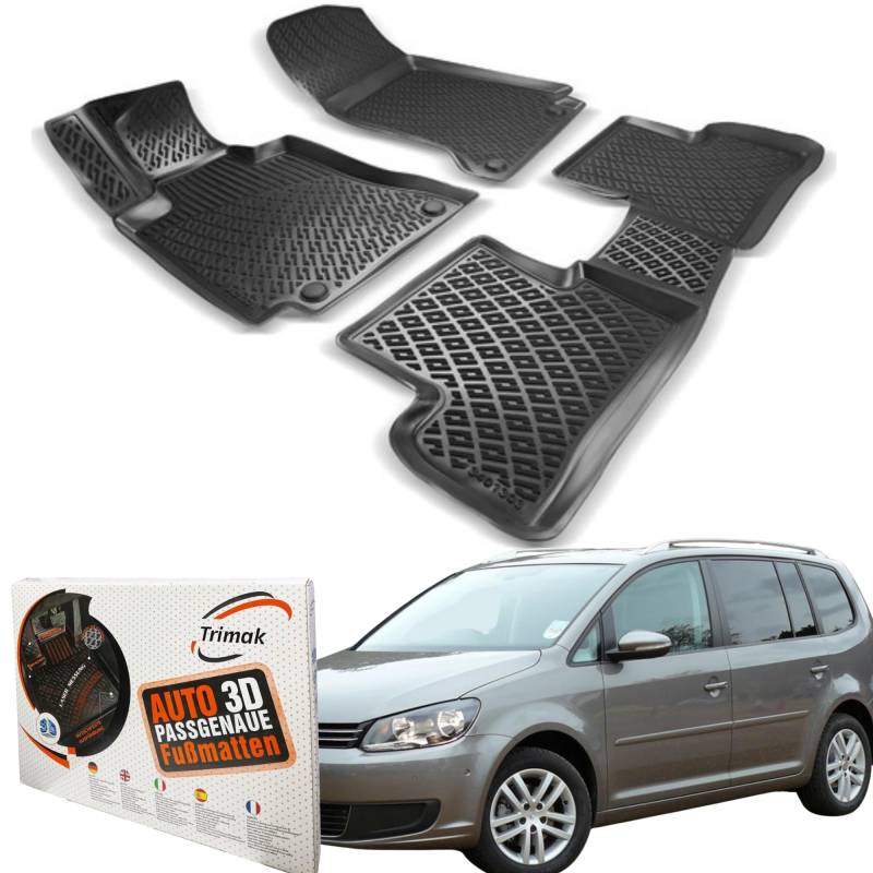 Trimak Passgenau 3D Fussmatten Auto Kompatibel mit Volkswagen Touran 1 Gen 2003-2015 Auto Zubehör 1. und 2. Reihe Gummimatten Autos TPE Allwetter Geruchlos rutschfest Vorne und Hinten Schwartz von Trimak