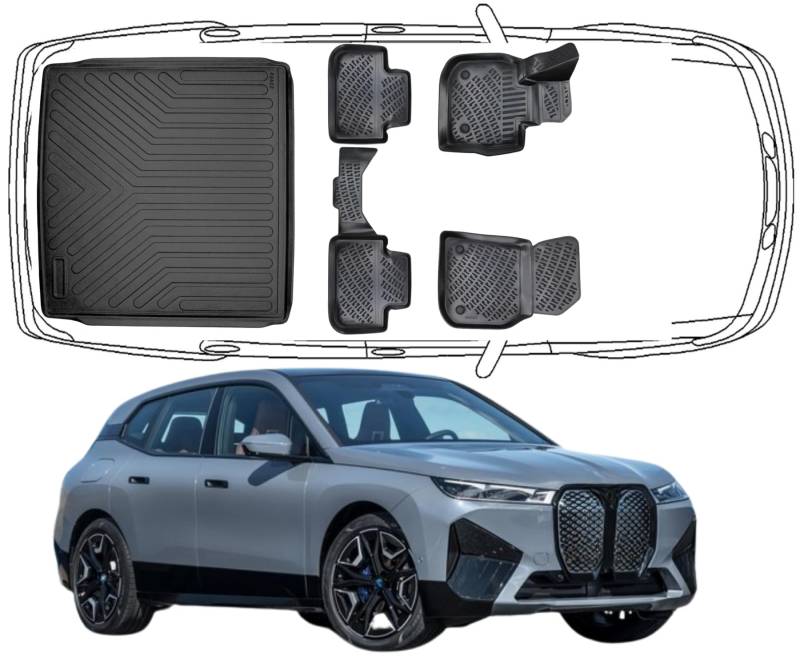 Trimak Passgenau 3D Fussmatten & Kofferraumwanne Auto Set Kompatibel mit BMW IX ab 2022 Auto Allwetter Zubehör Gummimatten Kofferraumwanne Autos TPE Allwetter Geruchlos rutschfest von Trimak