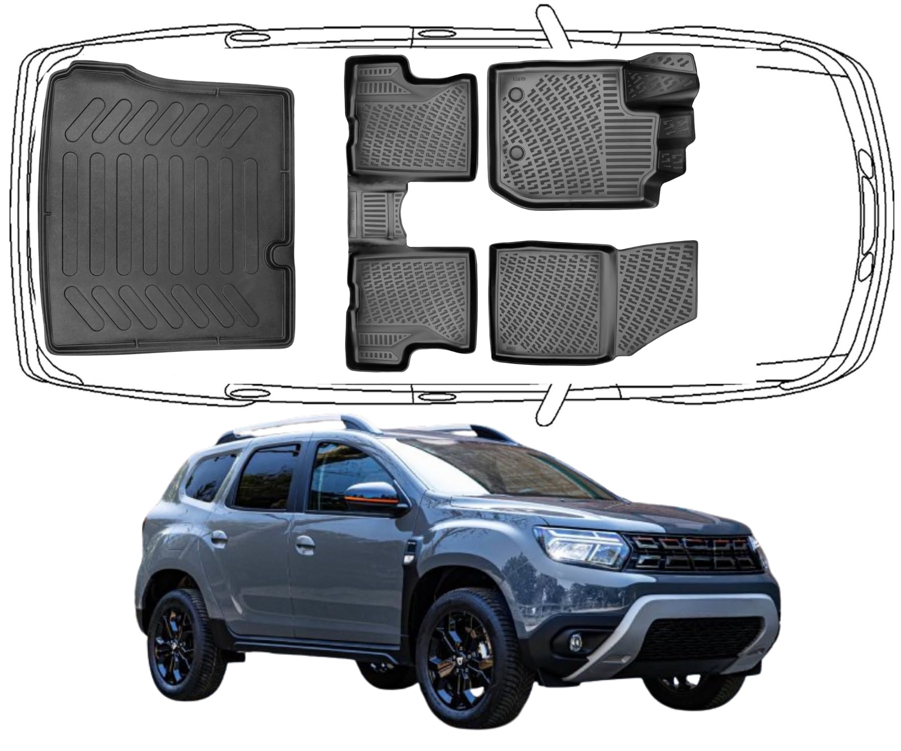 Trimak Passgenau 3D Fussmatten & Kofferraumwanne Auto Set Kompatibel mit Dacia Duster 4x2 2018-2022 Auto Allwetter Zubehör Gummimatten Kofferraumwanne Autos TPE Allwetter Geruchlos rutschfest Trimak Passgenau 3D Fussmatten & Kofferraumwanne Auto Set Kompatibel mit Dacia Duster 4x2 2018-2022 Auto Allwetter Zubehör Gummimatten Kofferraumwanne Autos TPE Allwetter Geruchlos rutschfest von Trimak