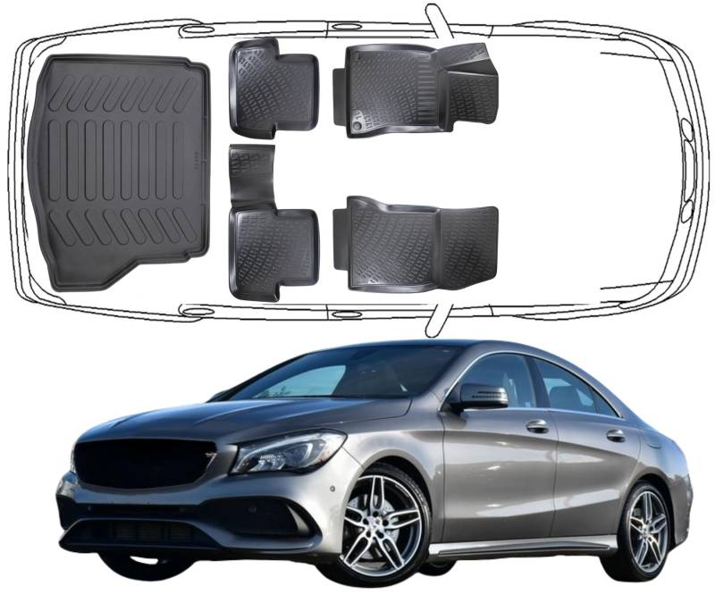 Trimak Passgenau 3D Fussmatten & Kofferraumwanne Auto Set Kompatibel mit Mercedes CLA C117 1 Gen 2013-2019 Auto Zubehör Gummimatten & Kofferraummatte Autos Allwetter Geruchlos rutschfest Schwarz von Trimak