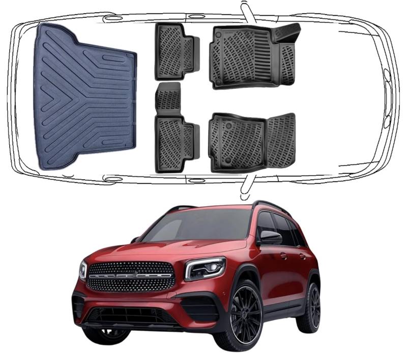 Trimak Passgenau 3D Fussmatten & Kofferraumwanne Auto Set Kompatibel mit Mercedes GLB X247 Obere 2019-2024 Auto Zubehör Gummimatten & Kofferraummatte Autos Allwetter Geruchlos Schwarz von Trimak