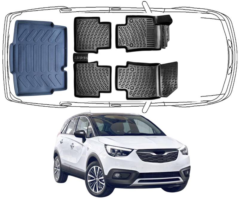 Trimak Passgenau 3D Fussmatten & UNtere Kofferraumwanne Auto Set Kompatibel mit Opel Crossland 2017-2024 Auto Allwetter Zubehör Gummimatten Kofferraumwanne Autos TPE Allwetter Geruchlos rutschfest von Trimak
