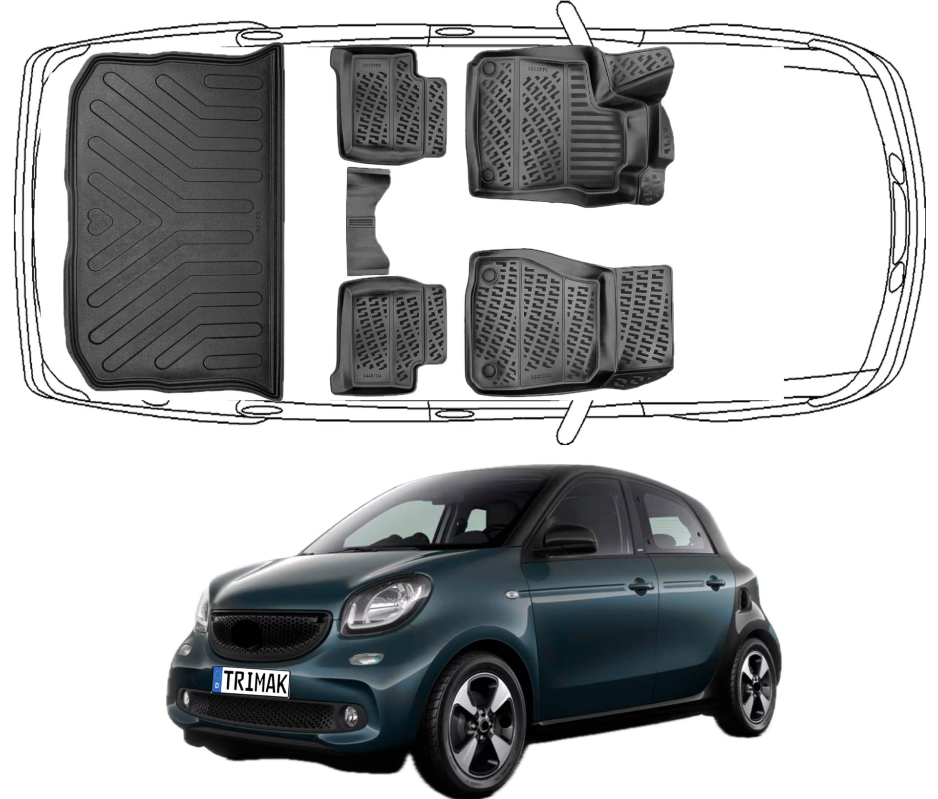 Trimak Passgenau 3D Fussmatten & Kofferraumwanne Auto Set Kompatibel mit Smart Forfour 2 Gen 2014-2021 Auto Zubehör Gummimatten & Kofferraummatte Autos TPE Allwetter Geruchlos rutschfest Schwarz von Trimak