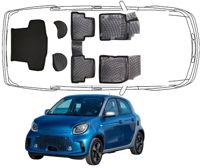 Trimak Passgenau 3D Fussmatten & Kofferraumwanne Auto Set Kompatibel mit Smart Forfour 2 Gen 2014-2021 Auto Zubehör Gummimatten & Kofferraummatte Autos TPE Allwetter Geruchlos rutschfest Schwarz von Trimak