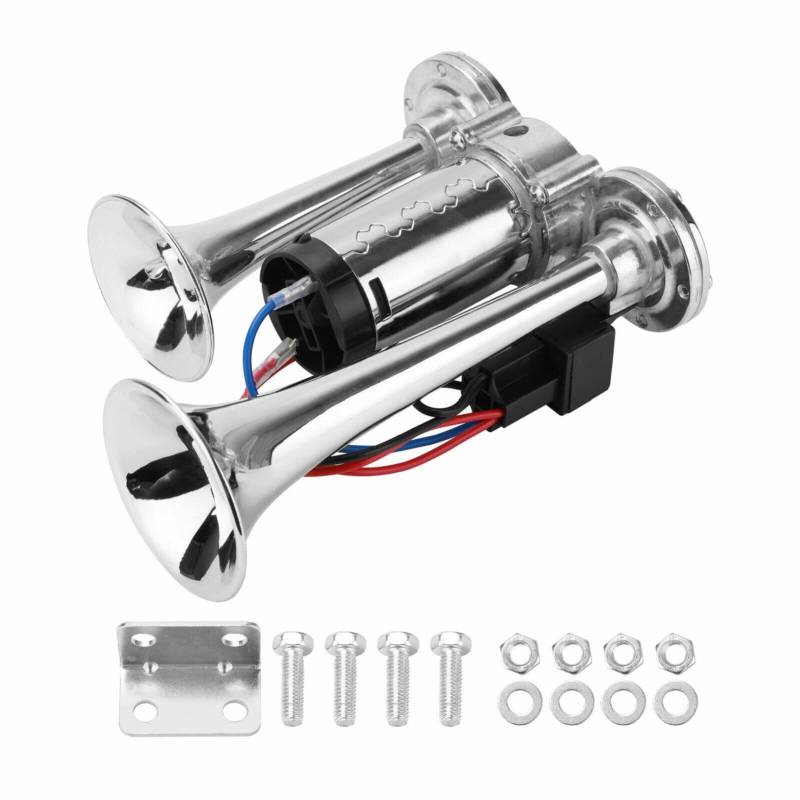 Trintion Autohupe 600DB LKW Hupe Doppelrohr Lufthorn Super lautes Doppelrohr-Drucklufthorn-Kit 12V Autolautsprecher für Alle 12V Fahrzeuge LKW Zug Auto van Boot Motorrad Zinklegierung von Trintion