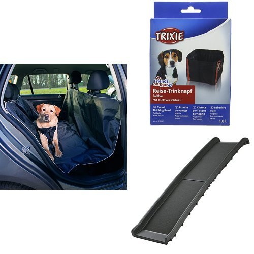 Trixie 13472 Auto-Schondecke, schwarz Reise Schüssel, 1,8 Liter, schwarz, 4 Stück 3939 Klapp-Rampe von Trixie