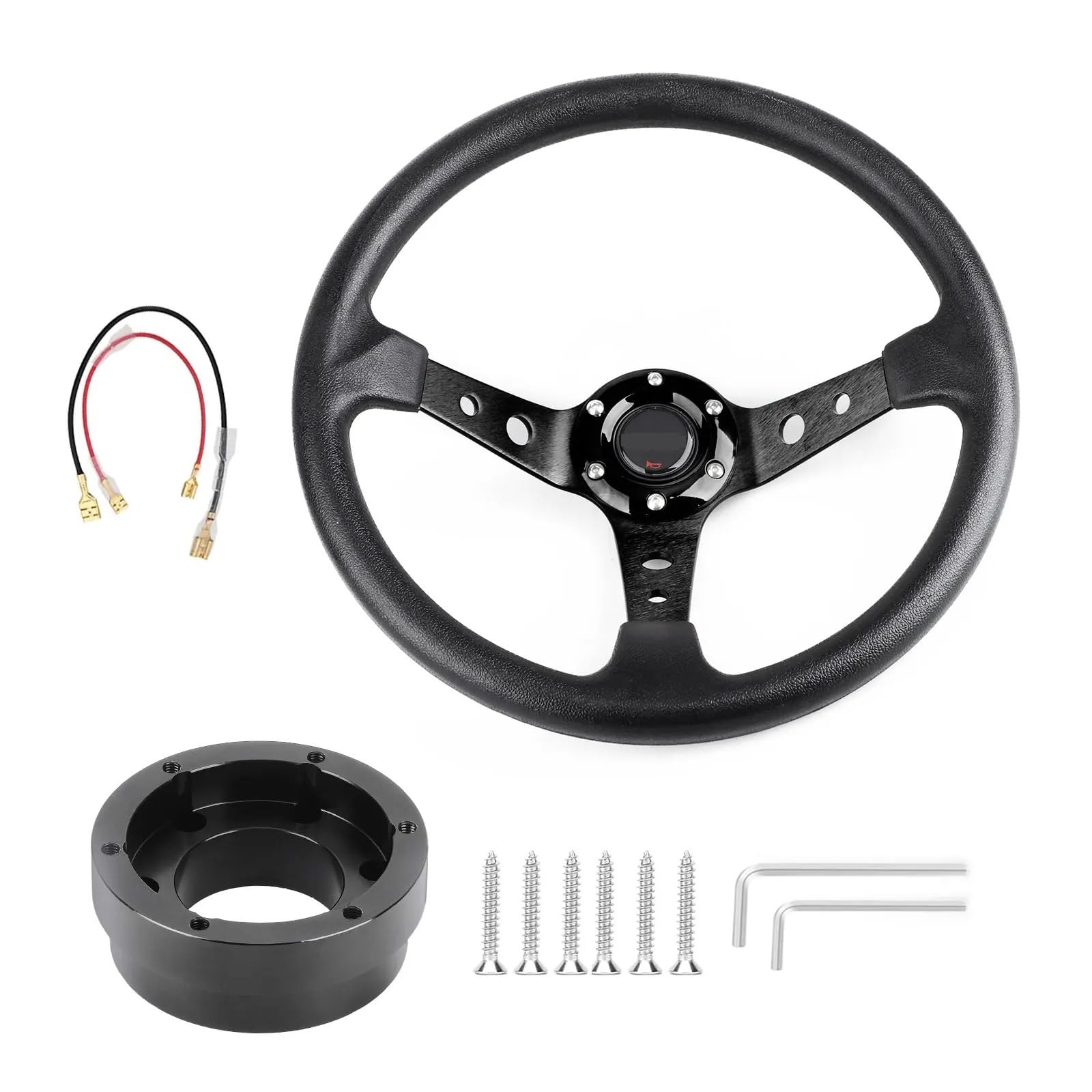 Steering Wheel Car,Lenkrad 350mm 14 Zoll Aluminium Legierung Auto Sport Treiben Lenkräder Mit Adapter Platte 70mm PCD(Black with Black) von Trohollis