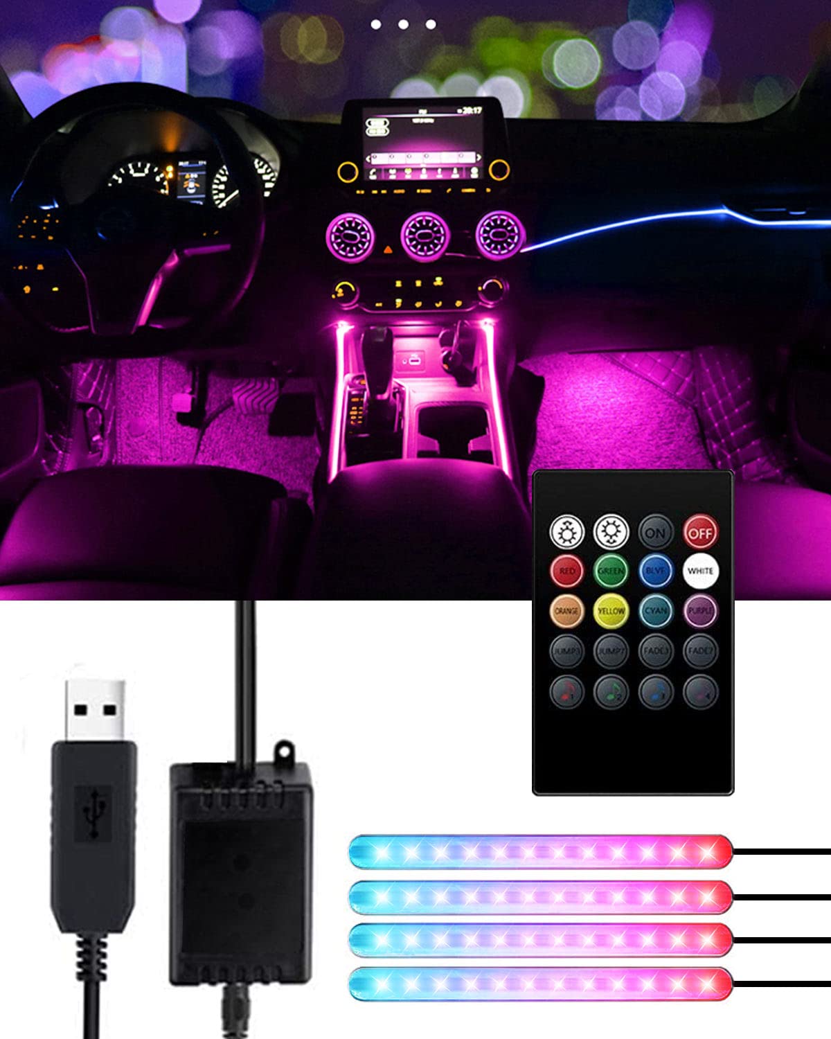 Trongle Auto-Leuchten für den Innenbereich, wasserdicht, mit 4 Stück, 48 LEDs, 8 Farben, mit Soundsensor und Fernbedienung, USB-Port, Autoladegerät, Lichtleiste, Musik-Soundaktivierte Beleuchtung, von Trongle