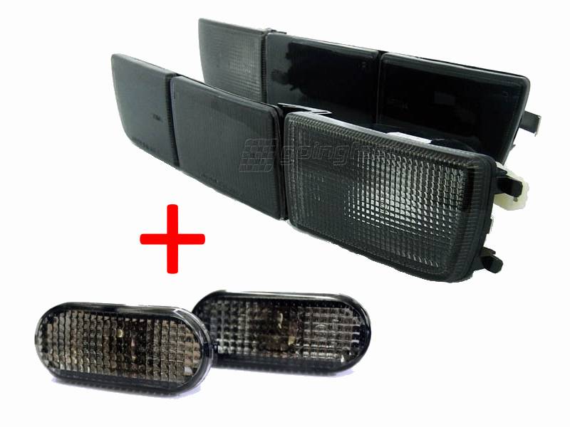 2x Frontblinker Blinker + lange Blenden Stoßstangenblinker Stoßstange in Schwarz Smoke + Seitenblinker für VW Golf 3 / Vento ab 1991-1999 von Tuning Fanatics