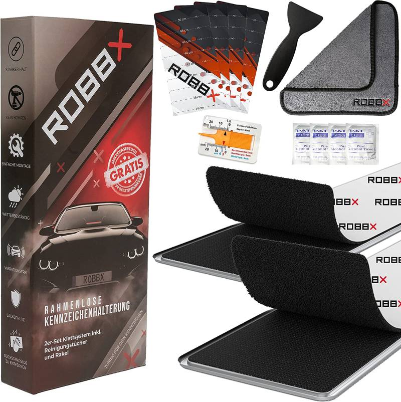 2x Original ROBBX® Premium Kennzeichenhalter Rahmenlos selbstklebend mit Klettband inklusive Mikrofasertuch Profiltiefenmesser Rakel passend für alle Fahrzeuge von Tuning Fanatics