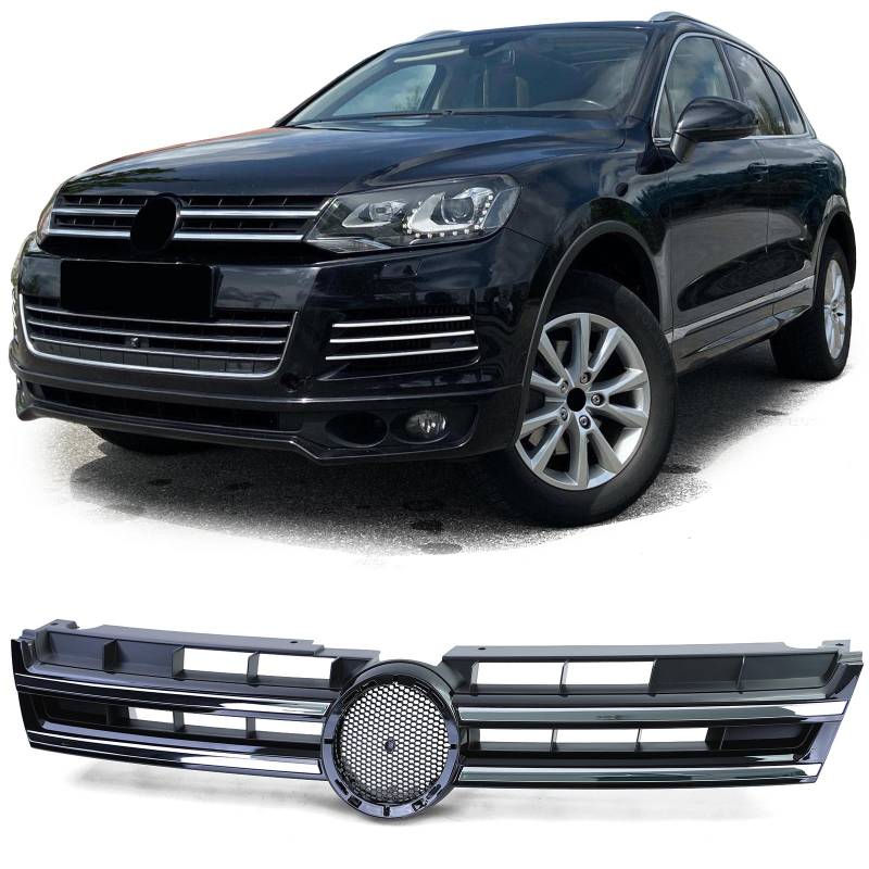 Kühlergrill SCHWARZ GLANZ mit Chrom Streifen 7P6853651A für VW Touareg II 7P ab 2010-2014 von Tuning Fanatics