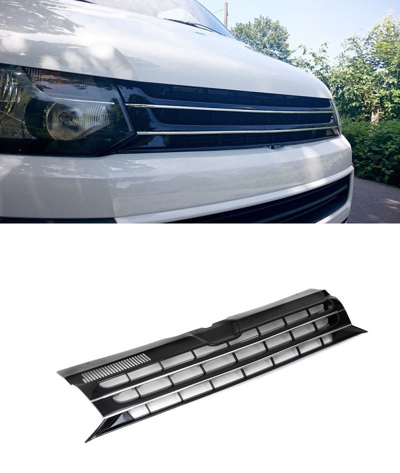 Kühlergrill Sportgrill Gitter Front Grill Chrom Emblem Schwarz für VW T5 2009- von Tuning Fanatics