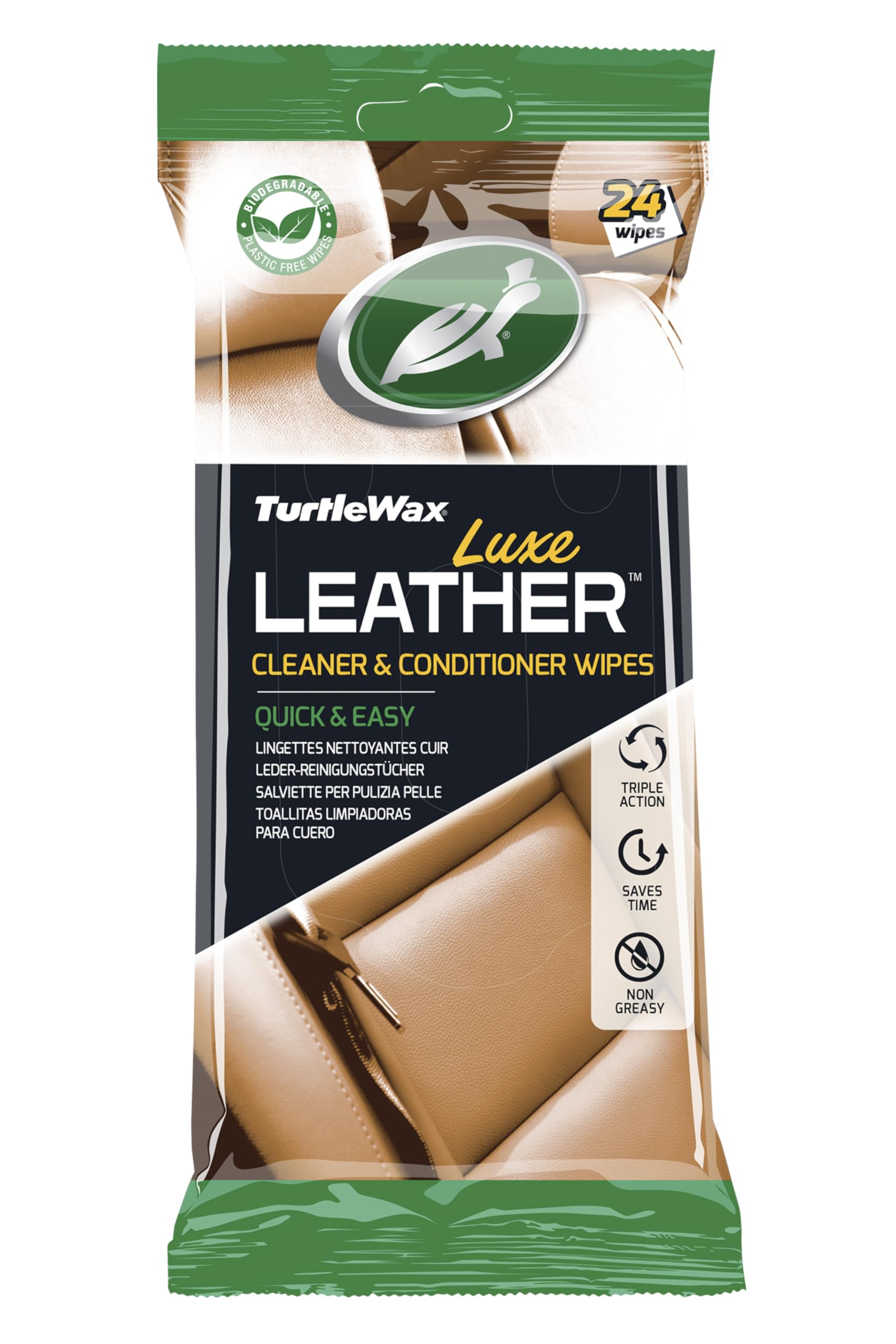 Turtle Wax Packung mit 24 plastikfreien Leder-Polster-Reinigungstüchern. Schnell und einfach. Schonend für alle Triple-Action-Leder und Nicht fettende Leder. von Turtle Wax
