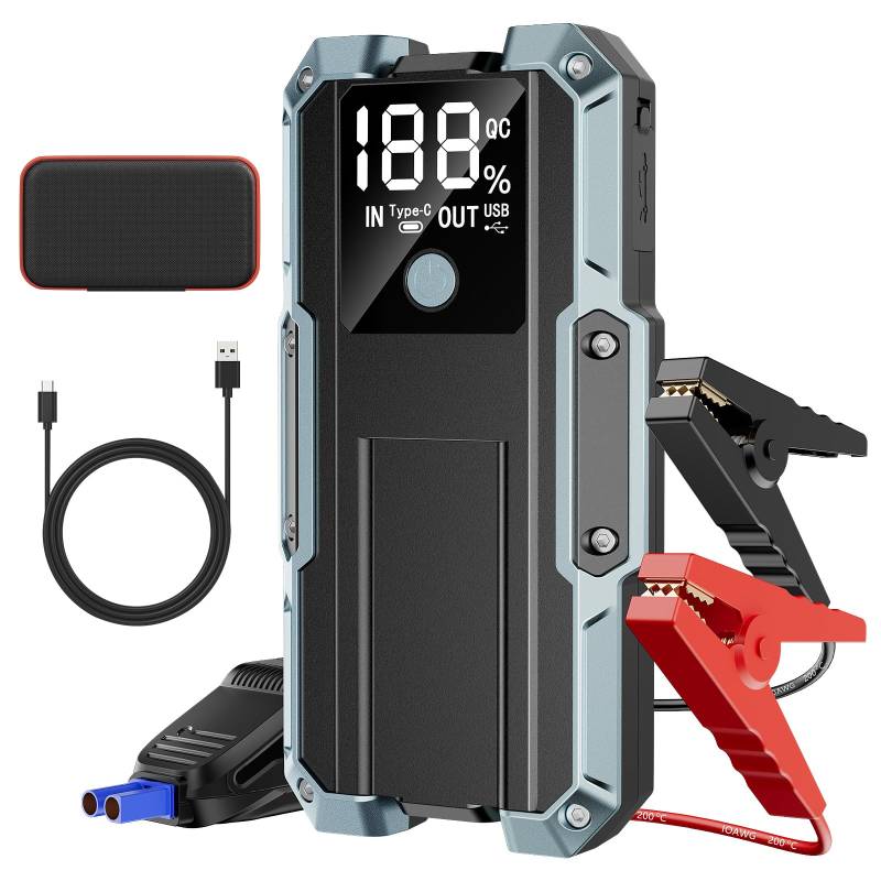 Auto Starthilfe Powerbank 3000A Spitzenstrom, 26800mAh Starthilfe Powerbank mit LCD-Display(Für alle Benzinmotor/8,0L Dieselmotoren), Starthilfegerät mit LED Taschenlampe, Q2 Jump Starter von Tyonto