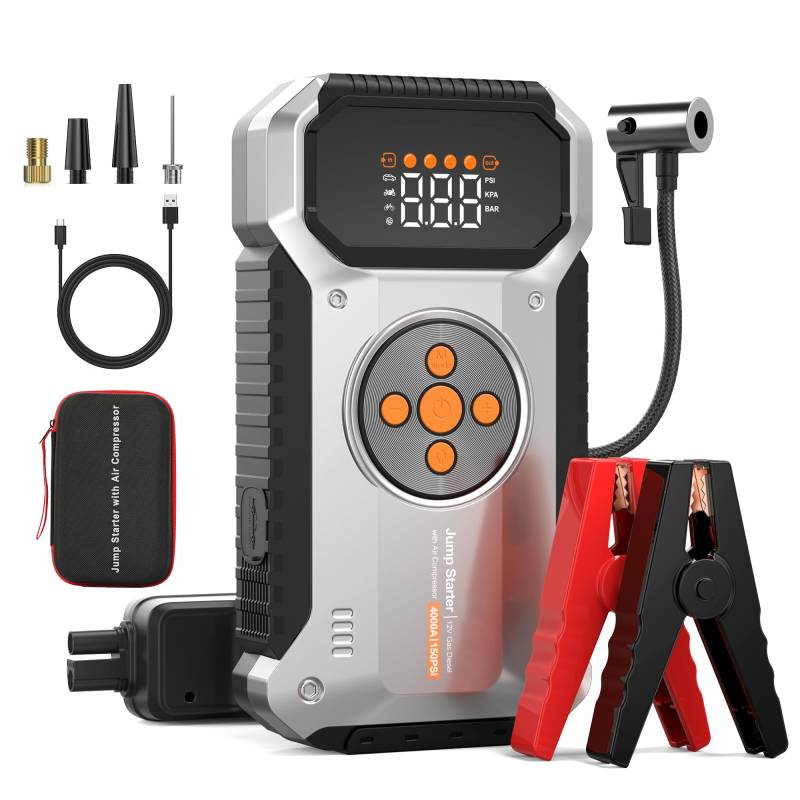 Tyonto Starthilfe Powerbank mit 150PSI Kompressor,4000A 12V Car Starthilfe Powerbank alle Autos Oder 8.0L Diesel,26800mAh 4-in-1 Tragbare Starter Powerbank mit 2 LED-Licht,LCD Display von Tyonto