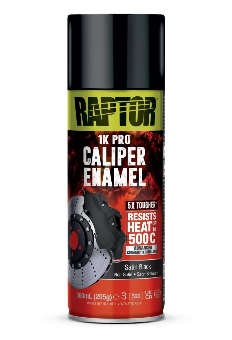 U-POL RAPTOR Caliper Enamel | Bremssattellack | 1K Spraydose | Hitzebeständig bis 500°C | Schutz vor Hitze, Bremsstaub, Autoflüssigkeiten & Korrosion (Satin Schwarz/Satin Black - 360ml) von U-POL