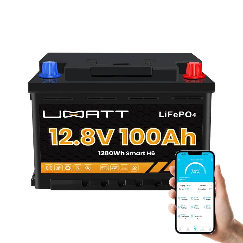 UBATT LiFePO4 12V 100Ah H6 Lithium Batterie mit Bluetooth REPT Zellen & JBD 100A BMS Low Temperature Schutz und Max.15000 Zyklens,1280Wh Autobatterie Wohnmobil Boot,Camping,Solarpanel (12V 100Ah H6) von UBATT