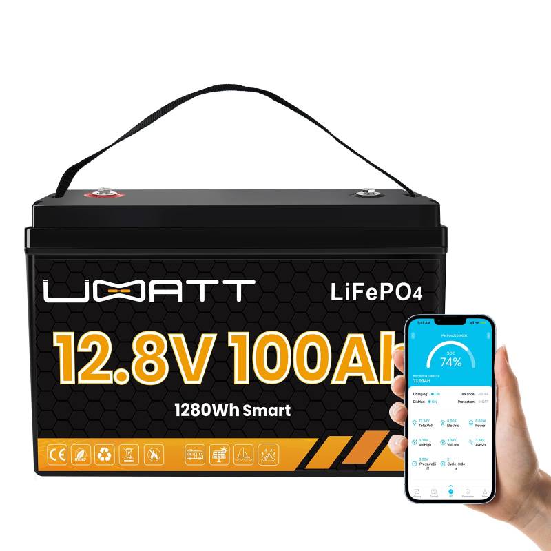 UBATT 12V 100Ah LiFePO4 Lithium Batterie Bluetooth, REPT Zellen, JBD 100A BMS, 5000+ Zyklen, für Wohnmobil Boot Solaranlage Wohnwagen Solar Haushalt (12V 100Ah BT) von UBATT