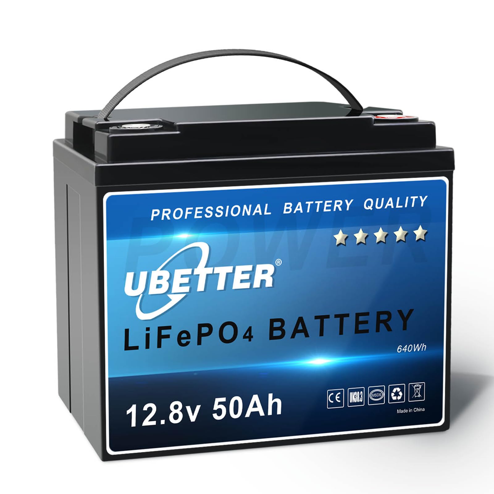 UBETTER 12V 50Ah LiFePO4 Akku 50Ah Lithium batterie 640Wh Wiederaufladbar mit BMS über 4000 Mal Tiefzyklus für Wohnmobil, Caravan, Boote, UPS Backup Alarm von UBETTER