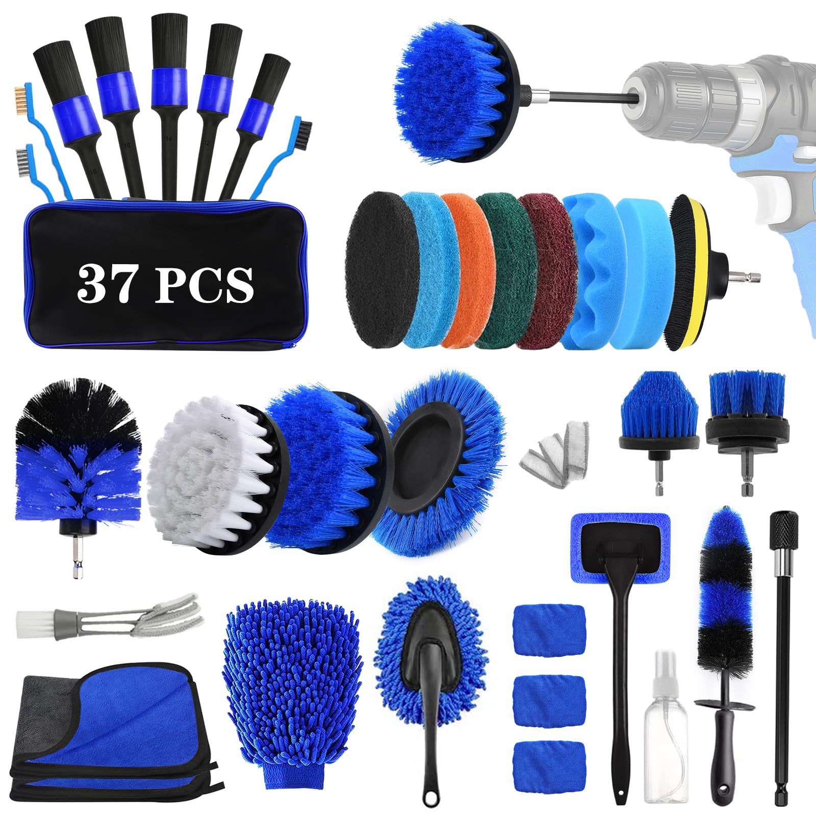 UCAMP Bürstenaufsatz Bohrmaschine Set,Bürstenaufsatz Akkuschrauber [37er Set] - Felgenbürste Scrubber Reinigung Kit,Power Scrubber Felgenbürste Set für Felgen Fliesen Küche Böden Badewanne, Blau von UCAMP