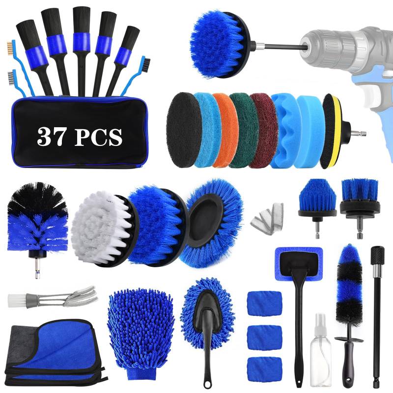 UCAMP Bürstenaufsatz Bohrmaschine Set,Bürstenaufsatz Akkuschrauber [37er Set] - Felgenbürste Scrubber Reinigung Kit,Power Scrubber Felgenbürste Set für Felgen Fliesen Küche Böden Badewanne, Blau von UCAMP