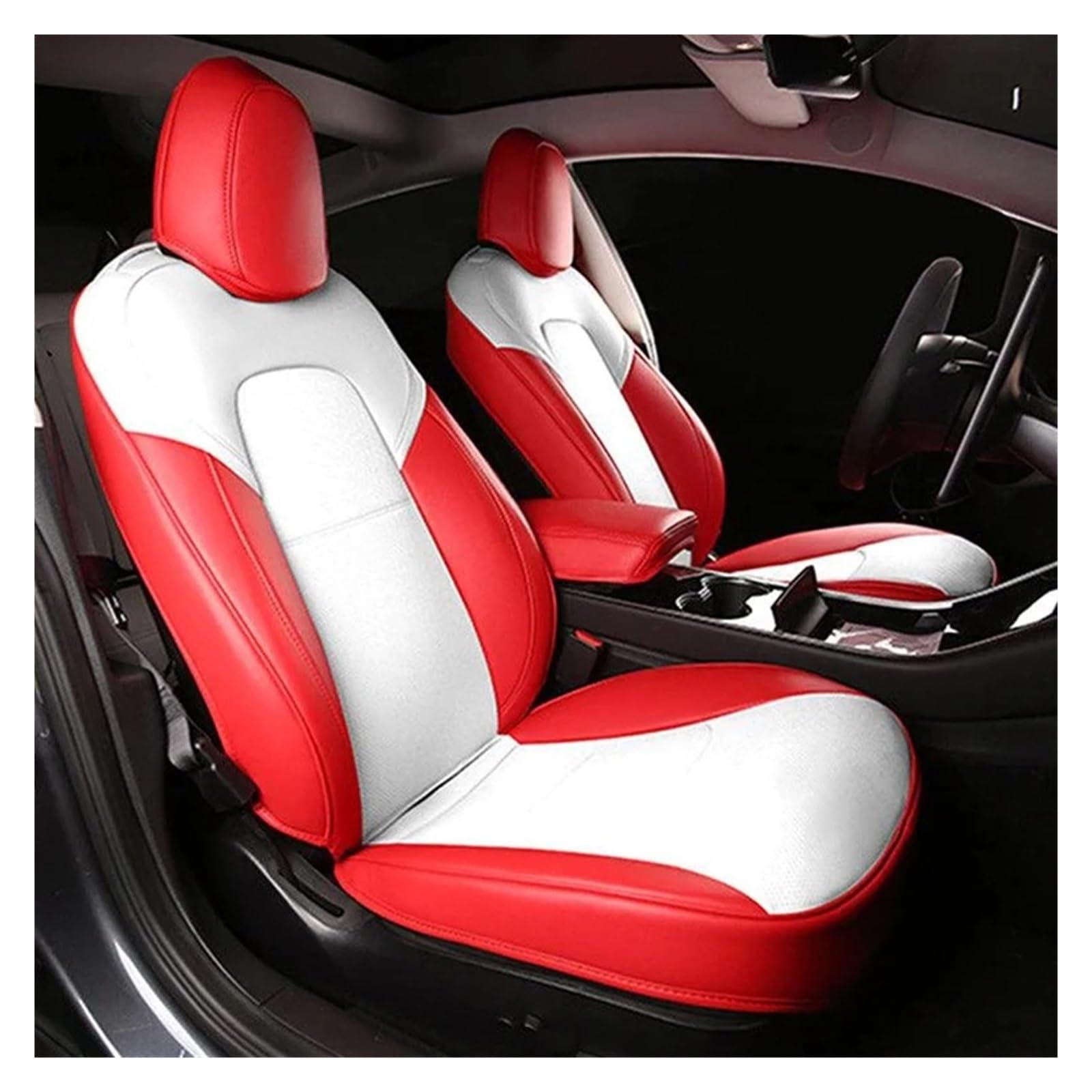 Auto Sitzbezug Für Tesla Für Modell 3 Für Modell Für Y Custom Fit Auto Sitz Abdeckung Zubehör Voll Abgedeckt Leder 5 Sitzer Kissen Weiß Auto Schonbezüge(White-red,VEGAN Leather_22-23) von UFITIDU