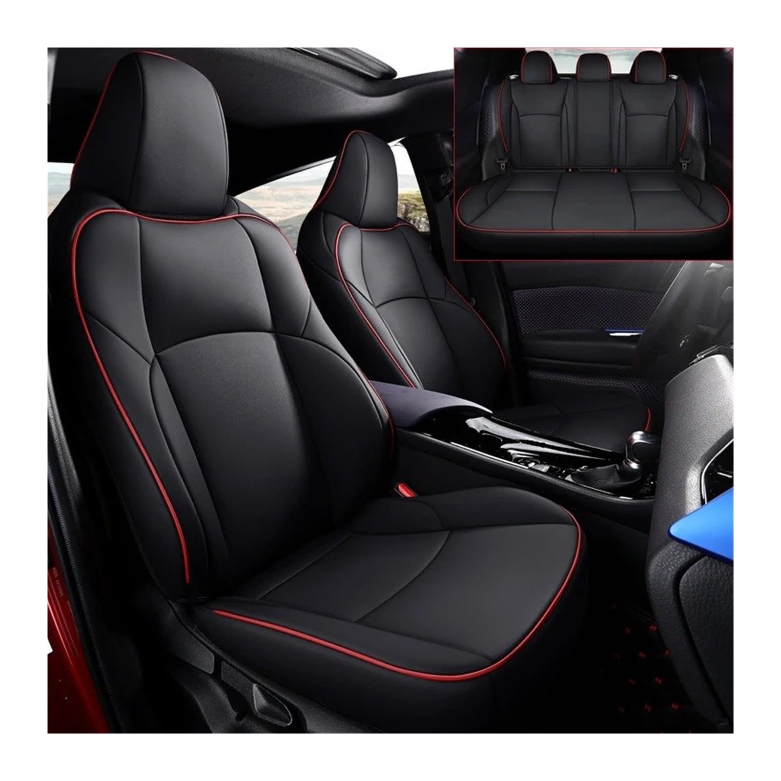 Auto Sitzbezug Für Toyota Für C-HR 2018 2019 2020 2021 2022 2023 2024 Custom Fit Full Set Autositzbezüge Für Wählen Sie Kunstleder Autositzkissen Zubehör Auto Schonbezüge(HybridBlack red18-19) von UFITIDU